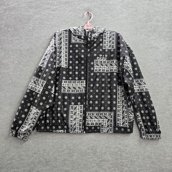 Nike Women Jacket Large Black Heritage Bandana Swoosh Allover Print Hoodie - Picture 1 of 11